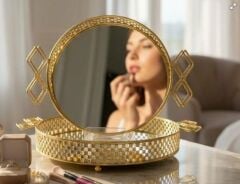 ROYKING YUVARLAK KULPLU ALTIN AYNALI TEPSİ 25X25X5,5 CM