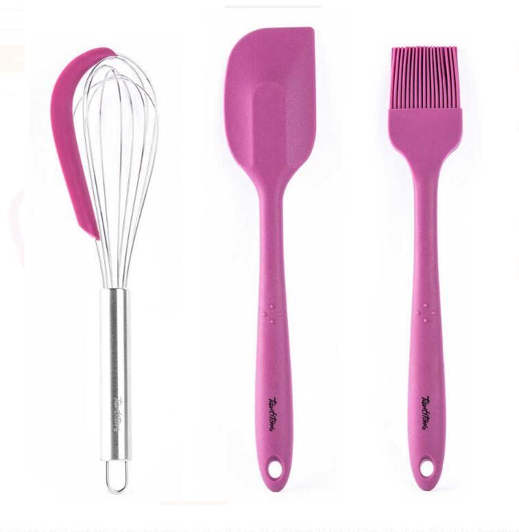 TANTİTONİ VİŞNE RENKLİ SİLİKON SPATULA ,FIRÇA,VE ÇIRPICI SETİ