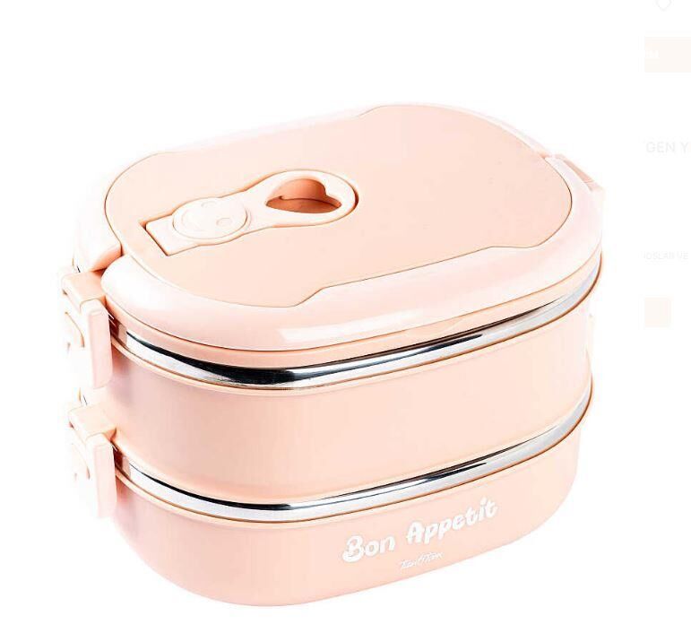 TANTİTONİ 2 KATLI PEMBE PASLANMAZ ÇELİK DİKDÖRGEN YEMEK TAŞIMA KABI 1,8 L