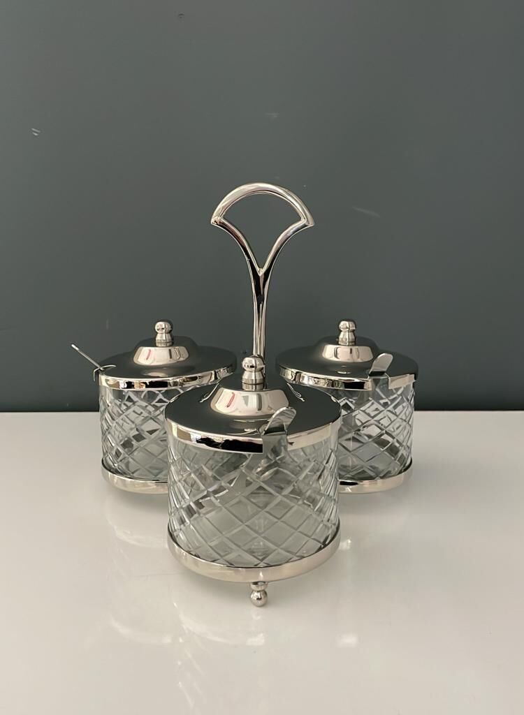 LAMEDORE STANDLI YUVARLAK 3 LÜ BAHARATLIK SETİ NİKEL 21X21X19,5 CM
