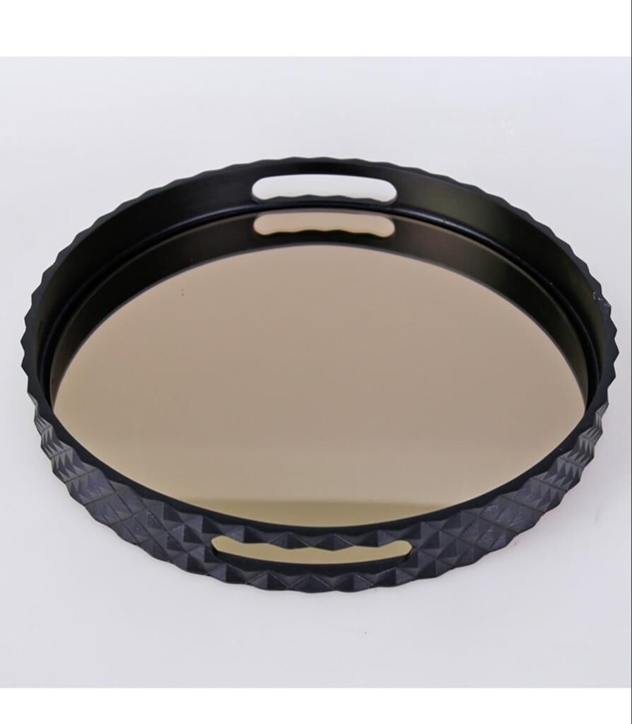 Selim Dekor Piramit Yuvarlak Siyah Tepsi 38 Cm Siyah