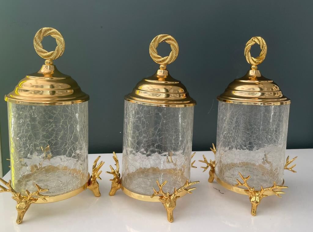 HERA KRİSTAL 3 LÜ  GEYİKLİ KAPAKLI KAVANOZ SETİ ALTIN