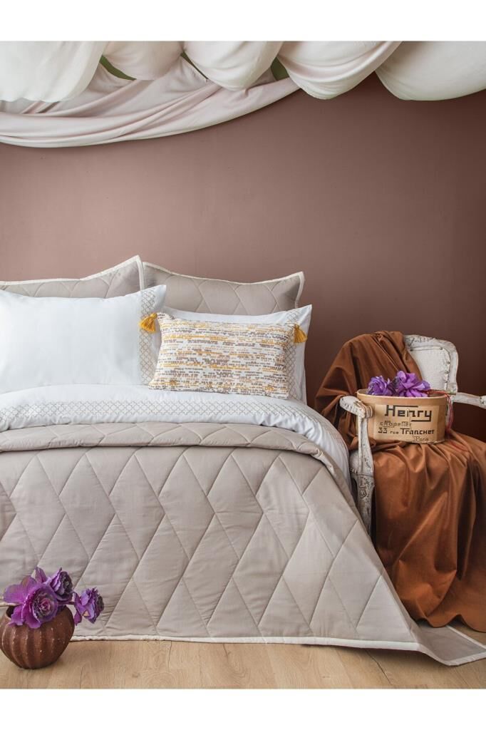 Apricitas Home Beetle Bej Çift Kişilik Yatak Örtülü %100 Pamuk Nevresim Takımı