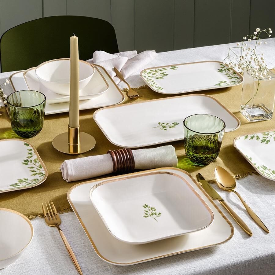 KÜTAHYA PORSELEN BONE MINAS 51 PARÇA YEMEK TAKIMI  ALTIN YEŞİL YAPRAKLI