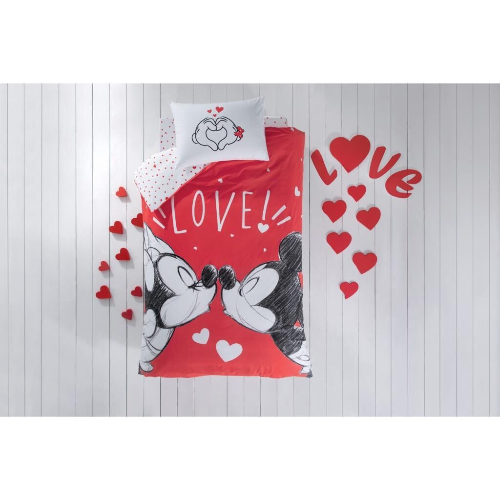 Taç Lisanslı Disney Minnie&Mickey Lovely %100 Pamuk Tek Kişilik Nevresim Takımı Çok Renkli