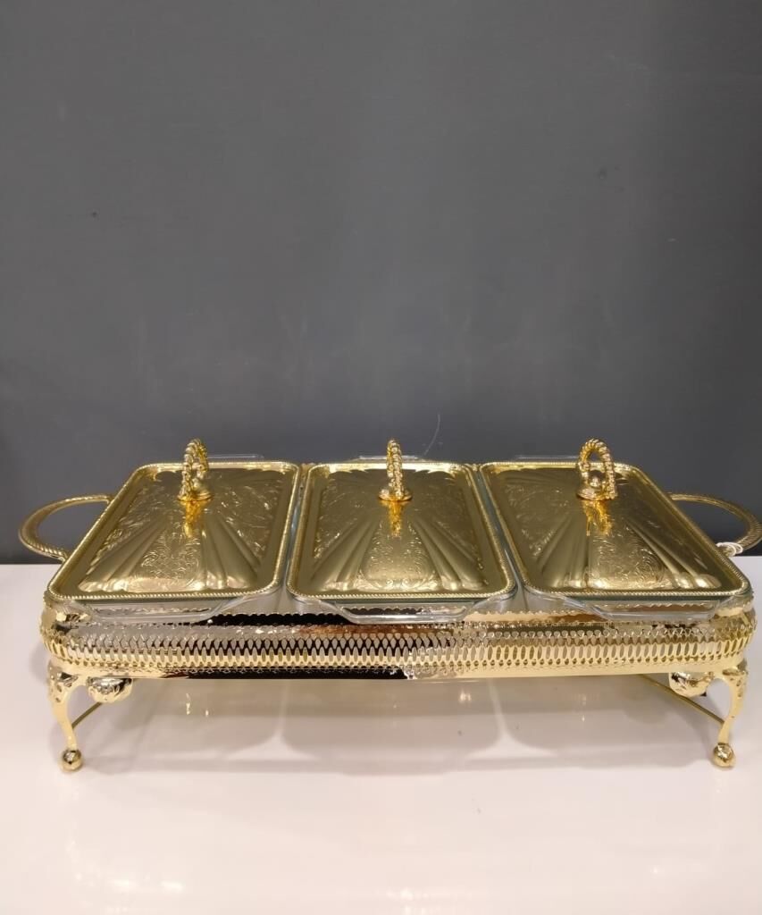 ROY KING  Queen Anne Altın Altın Kaplama Üç Bölmeli Isıtıcılı  Yemek Servis 51x26x18 cm