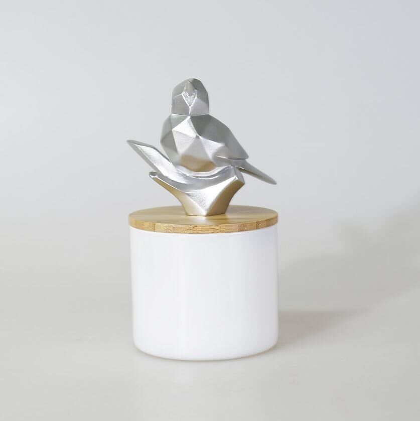 Selim Dekor Kuşlu Küçük Kavanoz Beyaz Gümüş