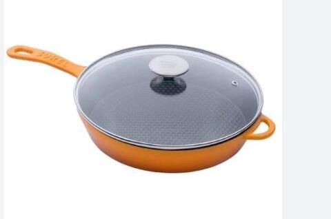 SÜREL DÖKÜM 28 CM BETEKLİ  YUVARLAK CAM KAPAKLI TAVA TURUNCU