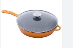 SÜREL DÖKÜM 28 CM BETEKLİ  YUVARLAK CAM KAPAKLI TAVA TURUNCU