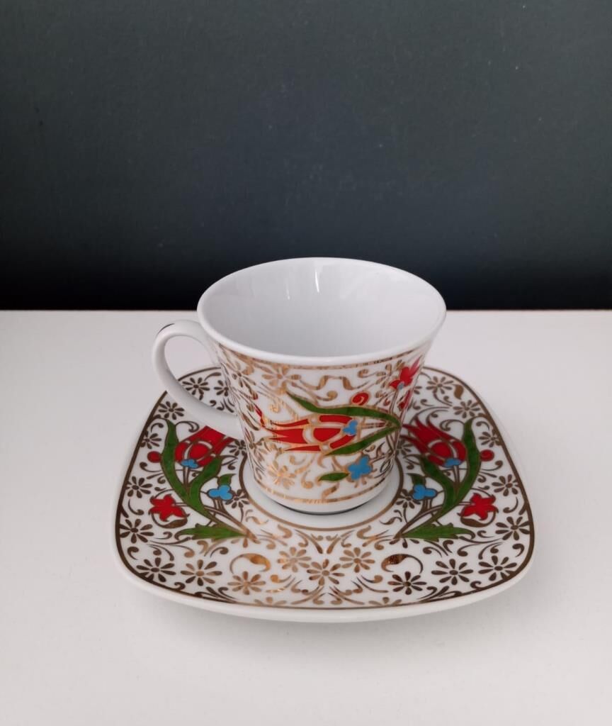 Kütahya Porselen El Dekoru 2 Kişilik Kahve Fincanı Altın