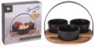 TANTİTONİ -METAL TUTAMAÇLI YUVARLAK AKASYA AĞACI STANDLI 4LÜ SİYAH STONEWARE KASE TKİ 22CM