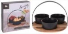TANTİTONİ -METAL TUTAMAÇLI YUVARLAK AKASYA AĞACI STANDLI 4LÜ SİYAH STONEWARE KASE TKİ 22CM