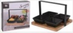 TANTİTONİ -METAL TUTAMAÇLI KARE AKASYA AĞACI STANDLI 4LÜ SİYAH STONEWARE KASE TKİ 20X20CM