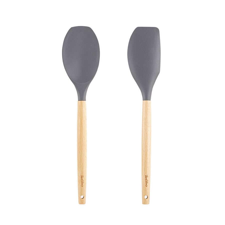 TANTİTONİ BAMBU SAPLI GRİ RENKLİ SİLİKON BÜYÜK KAŞIK VE SPATULA SETİ