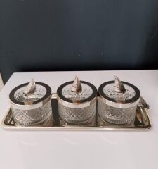 Selim Dekor Tüylü 3 lü Tepsili Şekerlik Gümüş